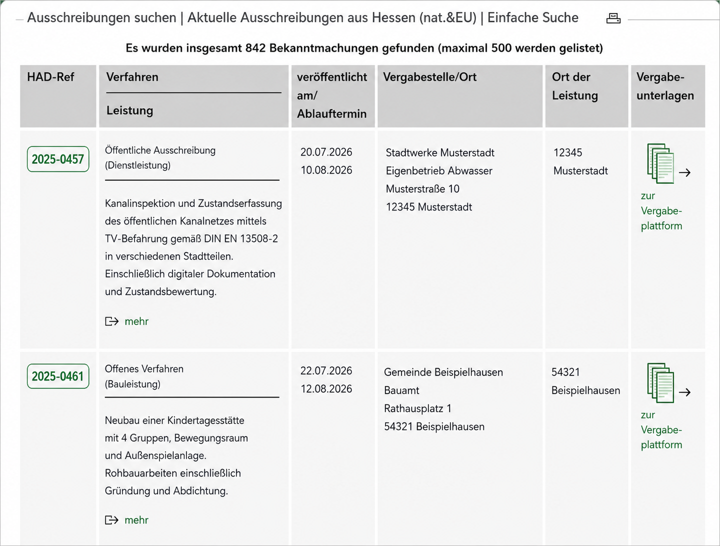 Ausschreibungsübersicht in einem Vergabeportal für öffentliche Baumpflege- und Grünflächenarbeiten
