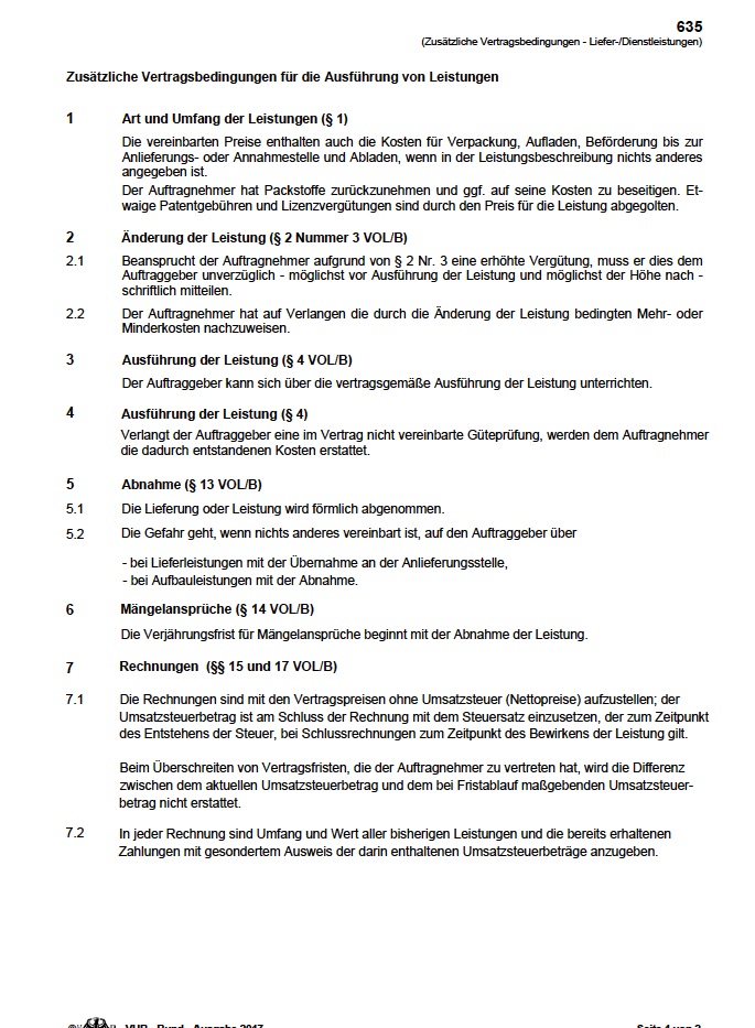 Auszug aus zusätzlichen Vertragsbedingungen für eine Ausschreibung