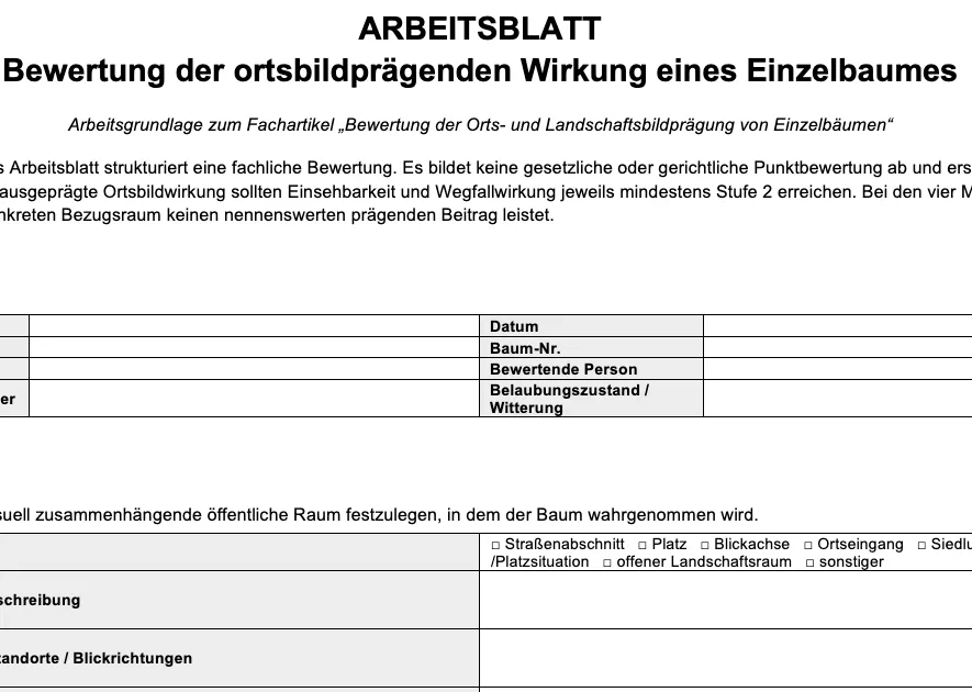 Prüfbogen mit Titel, Stammdaten und Feldern für den Bezugsraum
