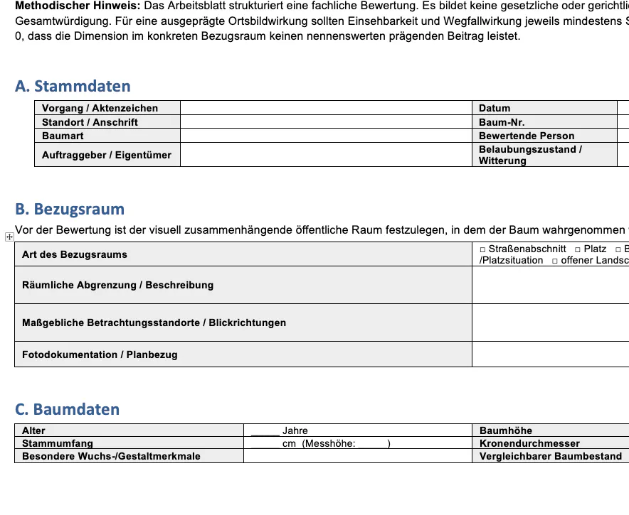 Prüfbogen mit Stammdaten, Bezugsraum und Baumdaten