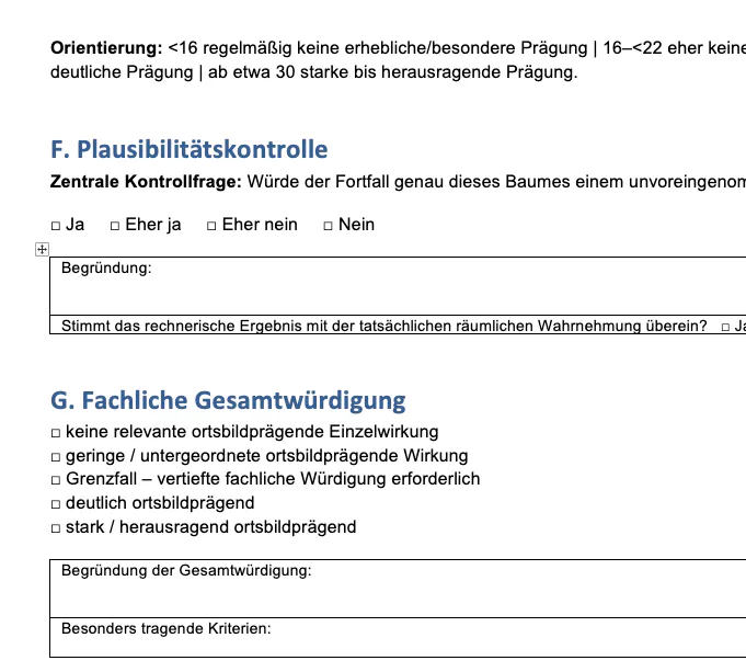Analoges Bewertungsschema. Prüfbogen mit Wegfallwirkung, Plausibilitätsprüfung und Gesamtwürdigung