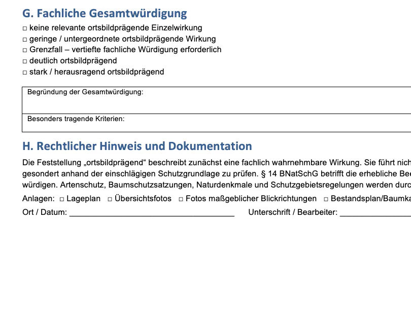 Prüfbogen mit Gesamtwürdigung, rechtlichen Hinweisen und Dokumentationsfeldern