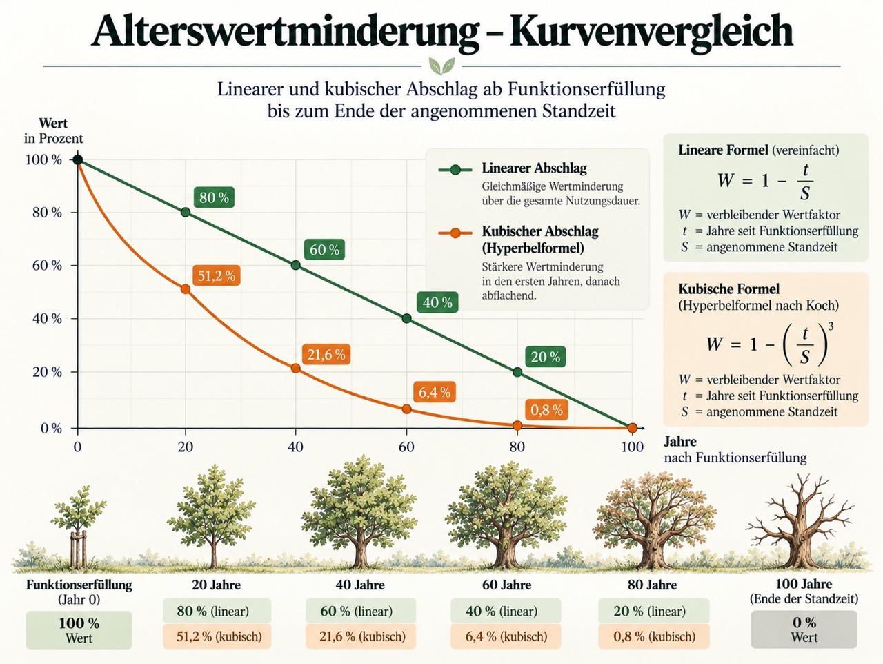 Kurvenvergleich zur Alterswertminderung mit linearem und kubischem Verlauf