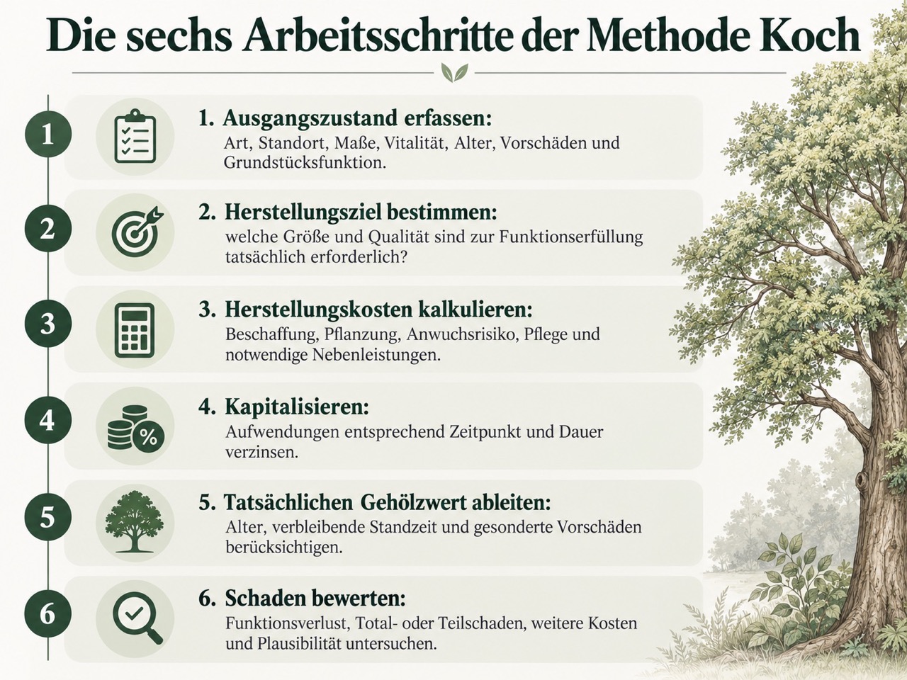 Infografik zu den sechs Arbeitsschritten der Methode Koch
