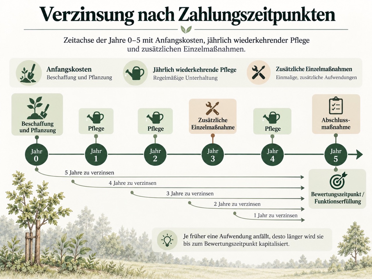 Diagramm zur Verzinsung nach Zahlungszeitpunkten mit Zeitachse der Jahre null bis fünf